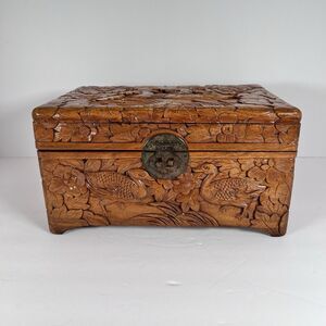 Antique Chinese Camphor Wood Chest, Trinket Box Deep Carved With Ducks & Flowers